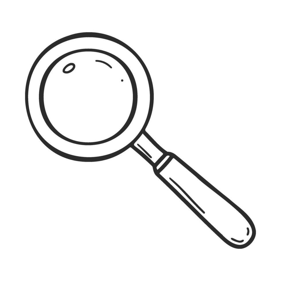 Simple black and white doodle of a magnifying glass on blank background vector