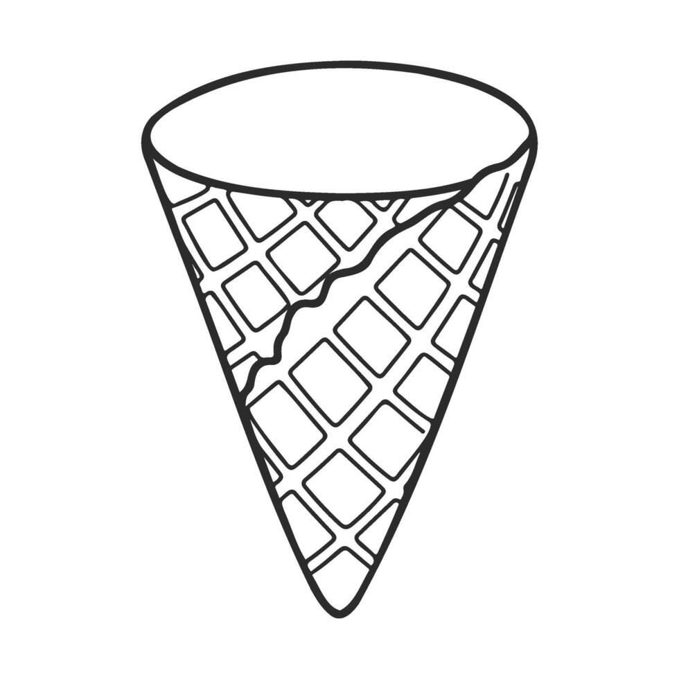 Simple waffle ice cream cone line drawing with grid pattern detail vector