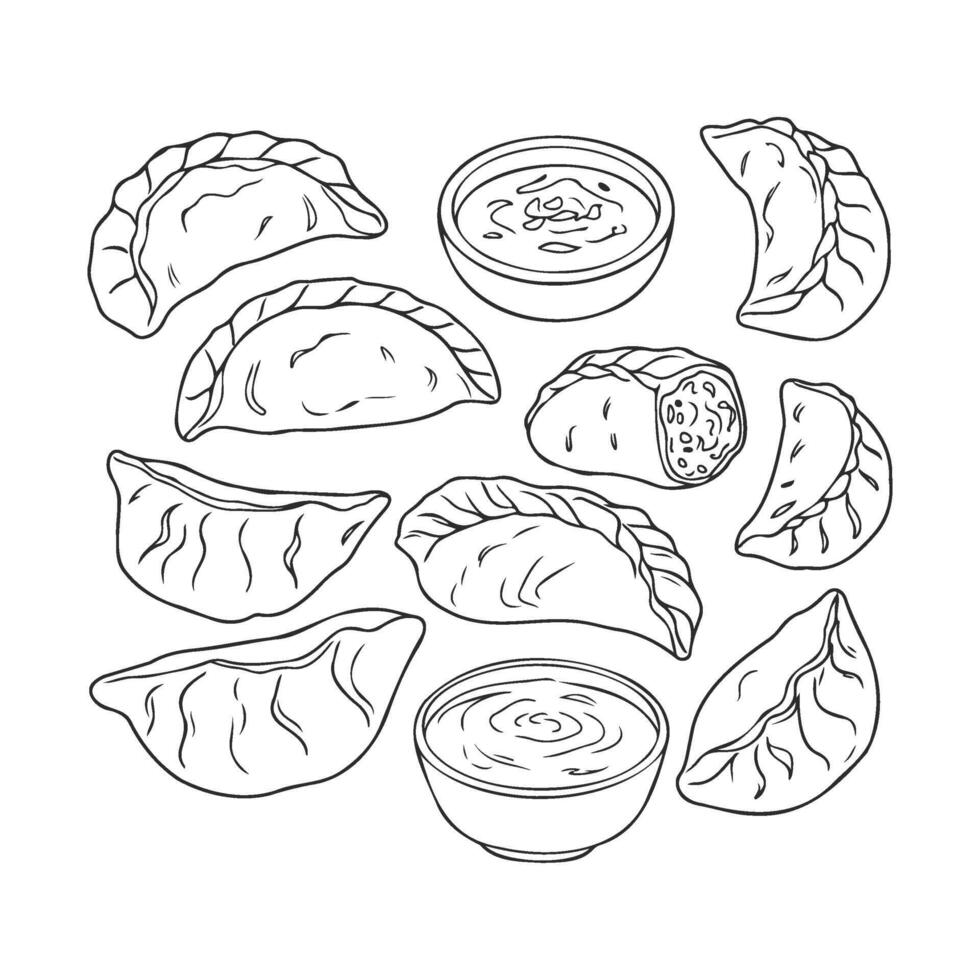 Assorted dumplings and sauces line art of dumpling varieties with dipping bowls vector