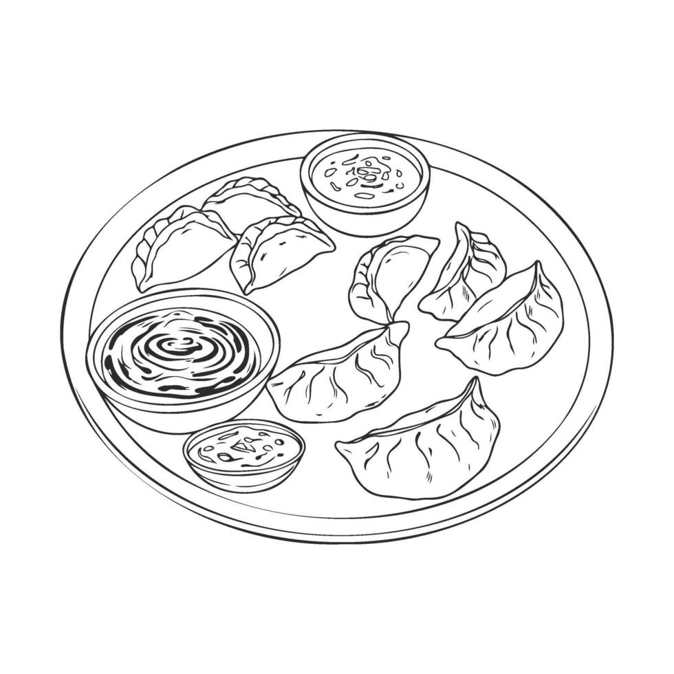 Line art of dumplings on plate with three dipping sauces vector