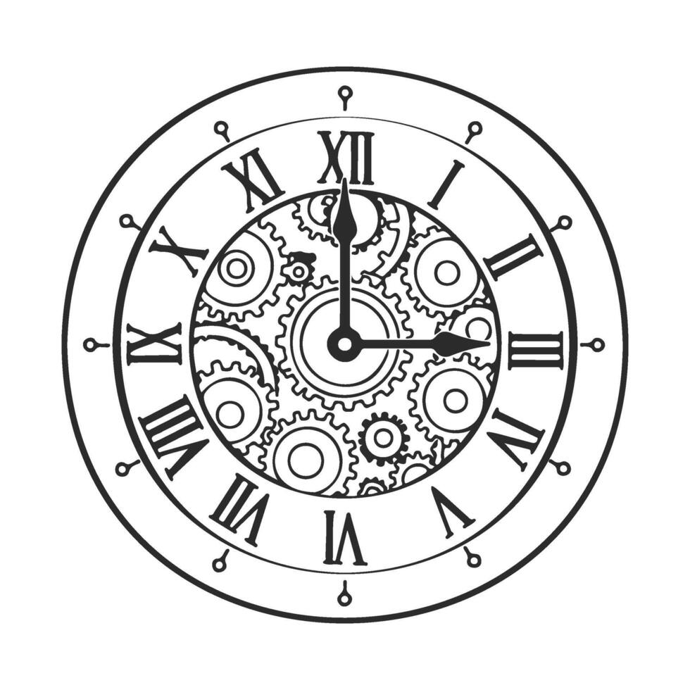 Intricate clock face with roman numerals and mechanical gears design vector