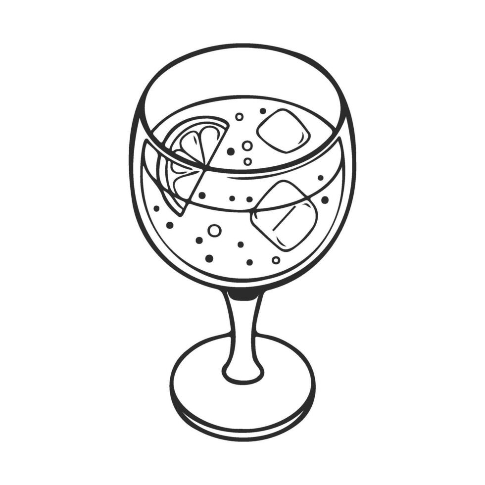 Black and white drawing of a refreshing cocktail with ice and lemon slice in glass vector