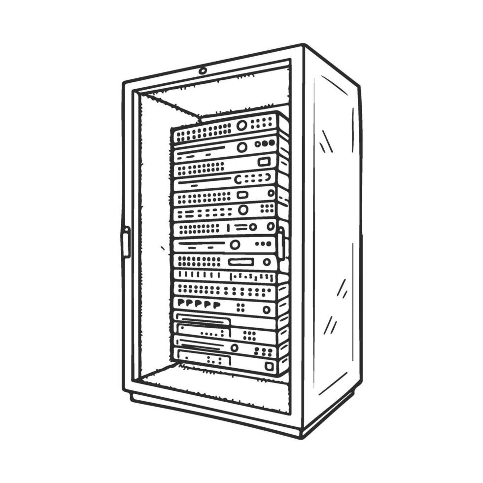 Monochrome illustration of server rack with equipment in enclosure vector