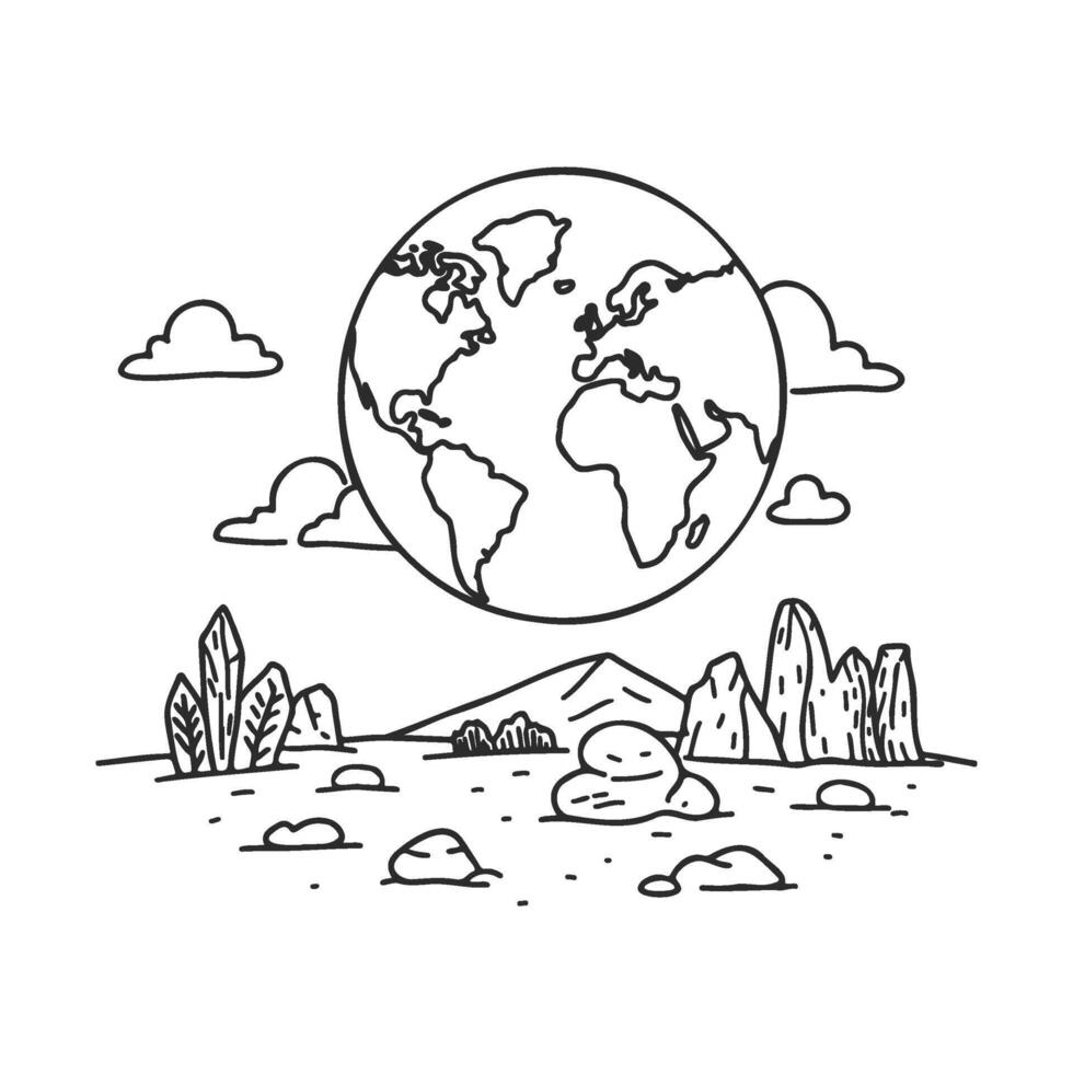 Minimalist earth line art with nature elements in black and white landscape vector