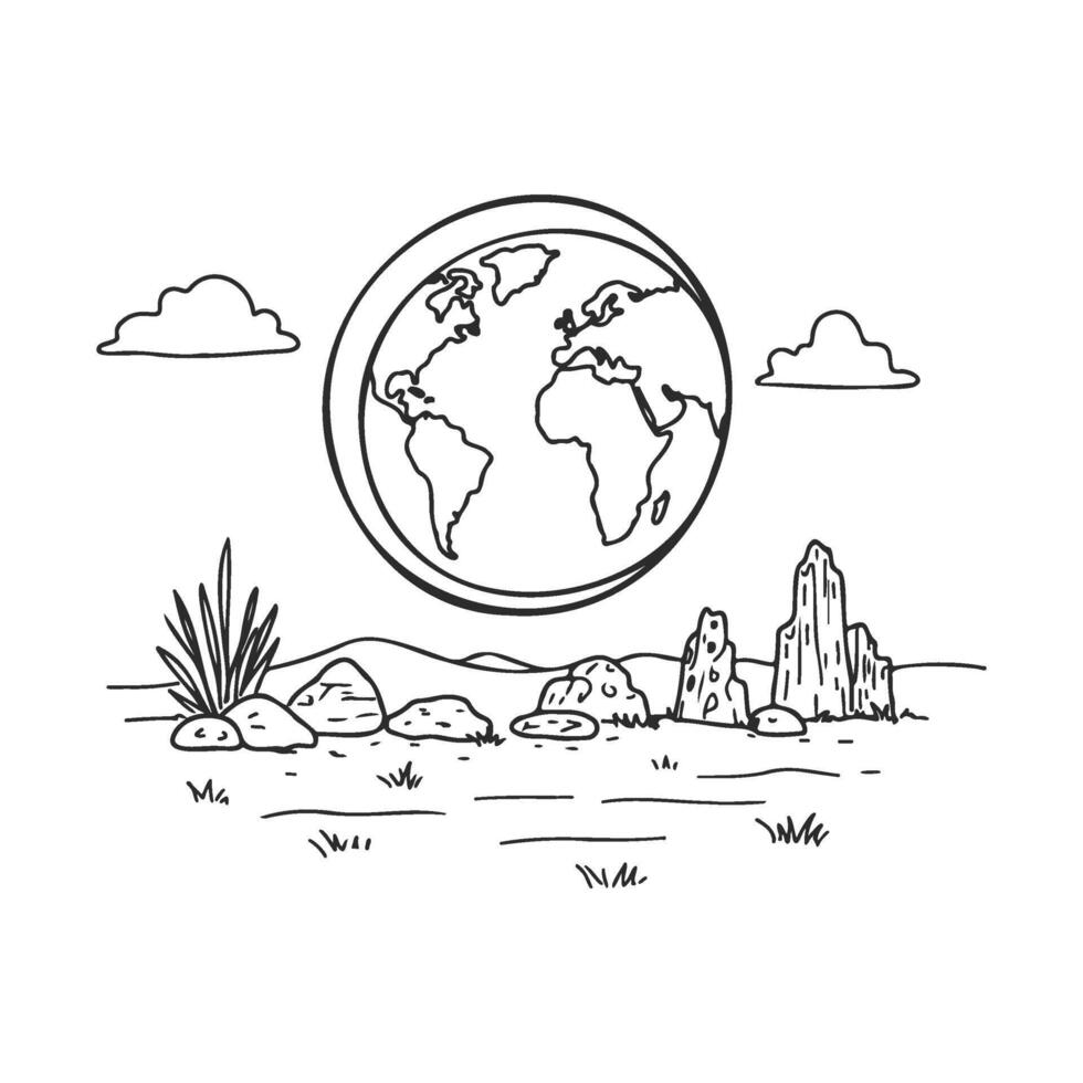 Outline drawing of earth with desert landscape and clouds vector