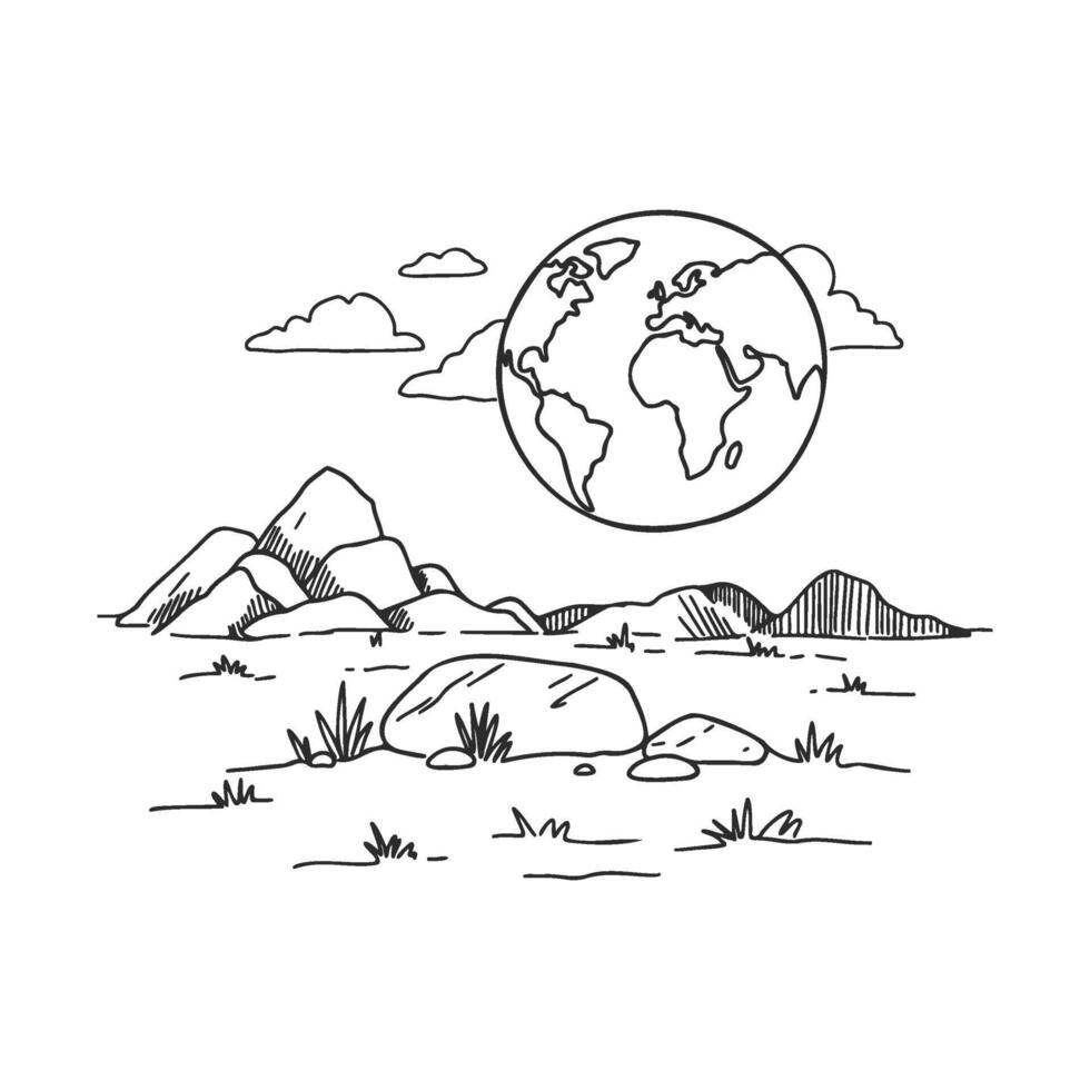 Minimalist line art landscape with earth globe and mountains in monochrome sketch vector