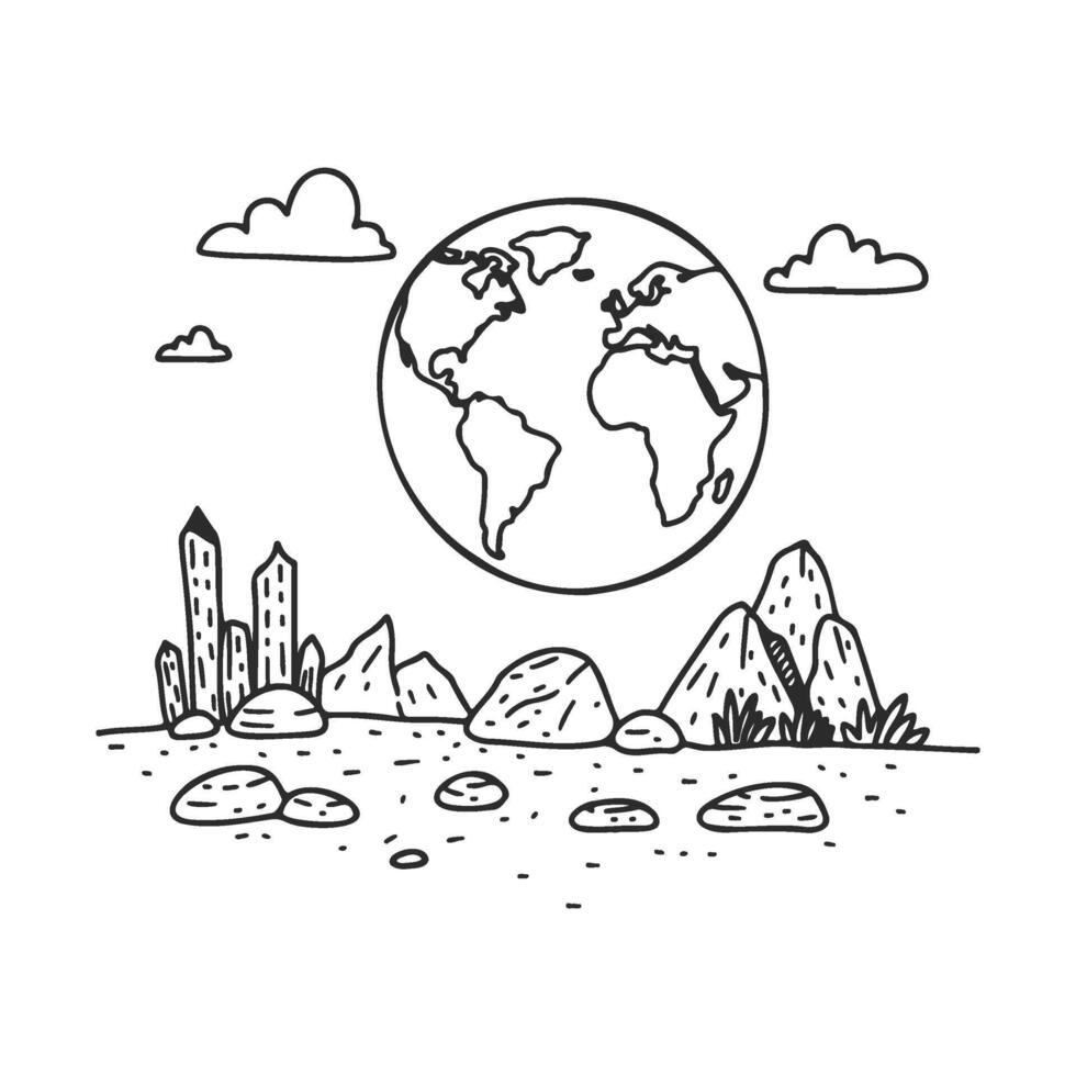 drawn earth with mountains, skyscrapers, and clouds in black and white line art vector