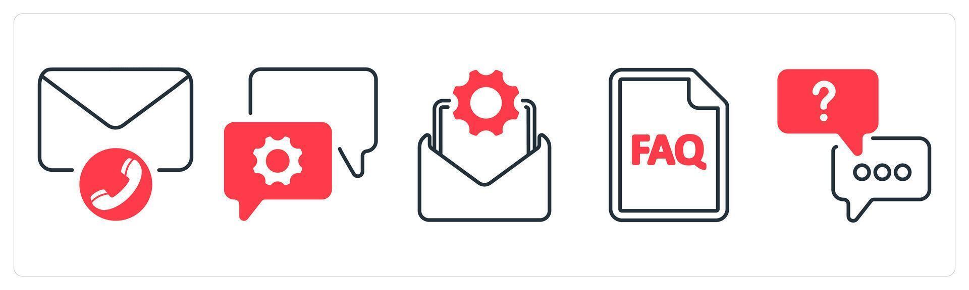 A set of 5 mix icons as email support, mail support, faq in red color vector