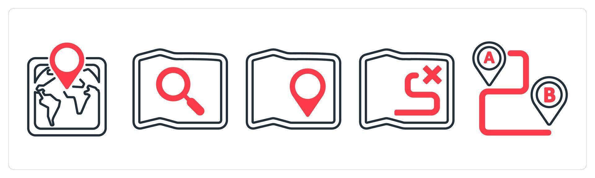 A set of 5 mix icons as location, search map, map in red color vector