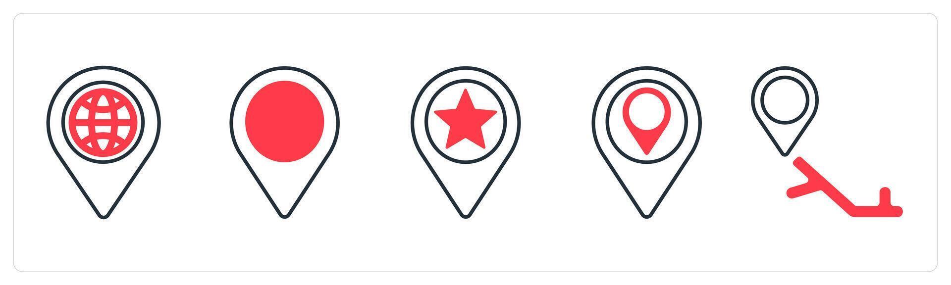 A set of 5 mix icons as global location, location, navigation in red color vector