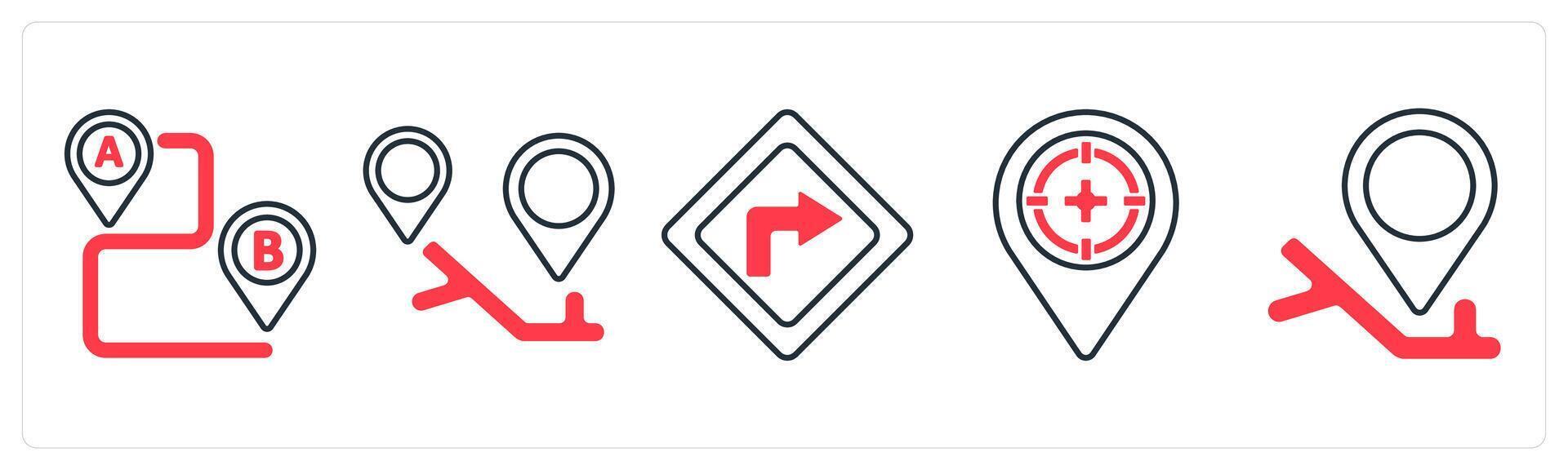 A set of 5 mix icons as route, location, left direction in red color vector