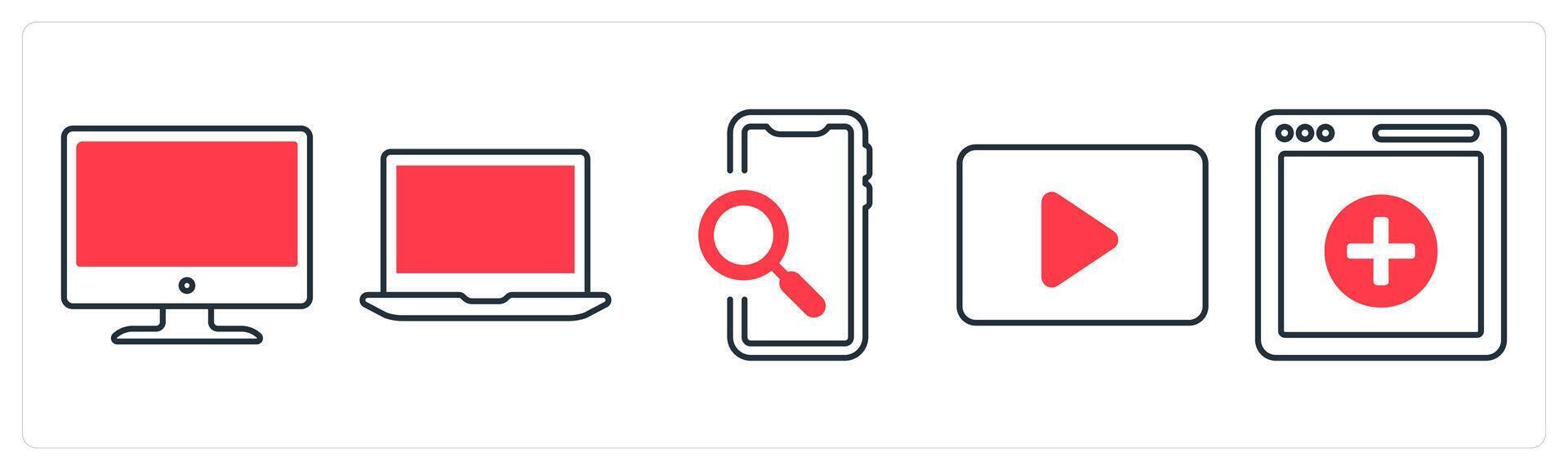 A set of 5 mix icons as monitor, laptop, mobile search in red color vector