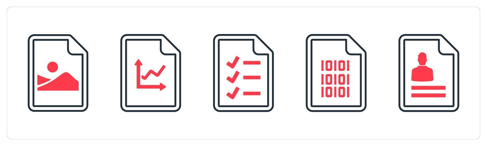 un conjunto de 5 5 mezcla íconos como imagen documento, grafico, hecho lista en rojo color vector