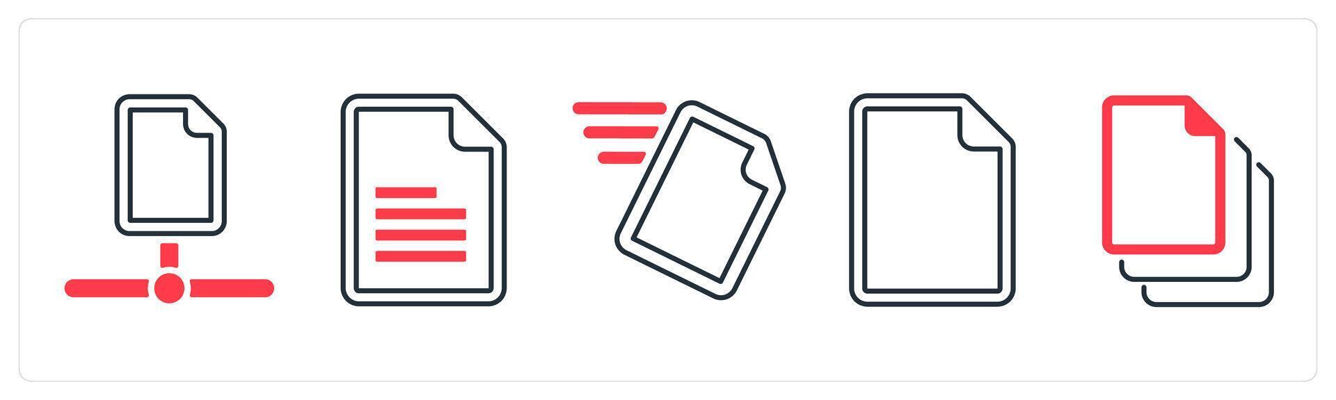 A set of 5 mix icons as document, content, duplicate file in red color vector