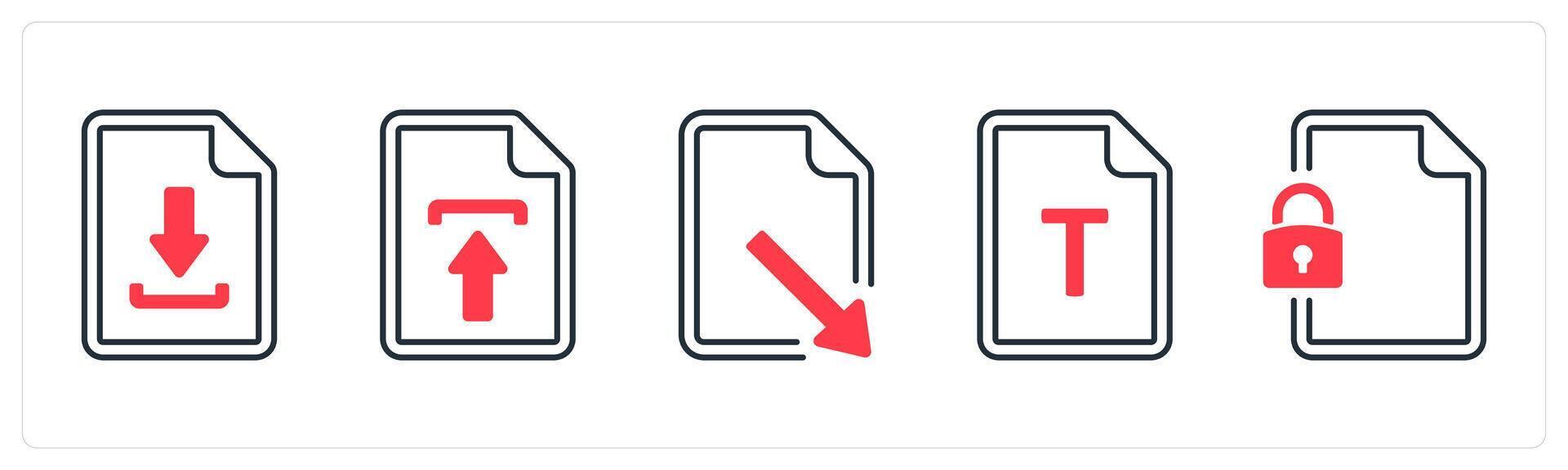 A set of 5 mix icons as download, upload, download file in red color vector