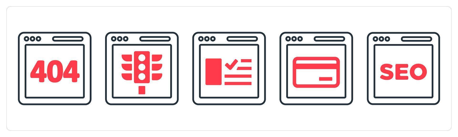A set of 5 mix icons as website error, traffice signal , product details in red color vector