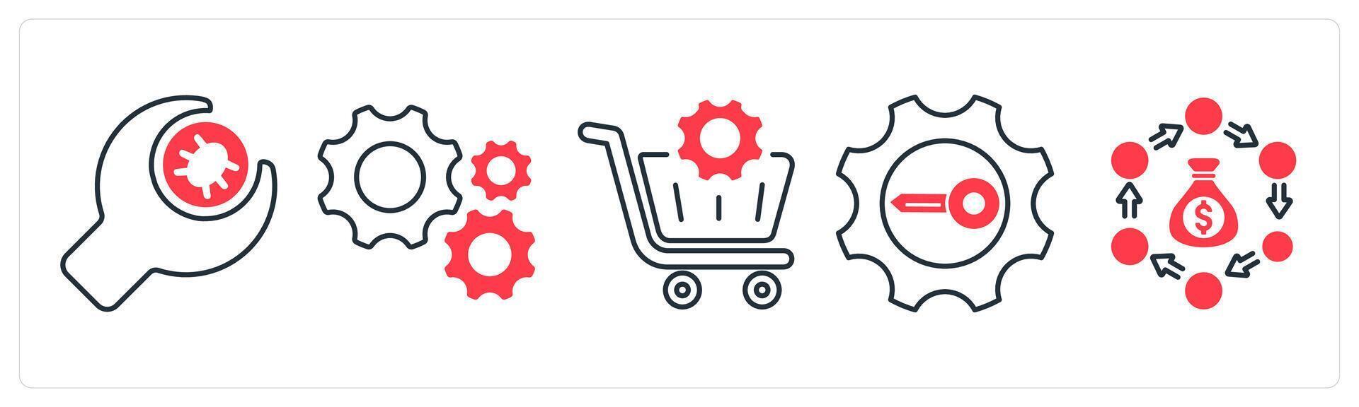 un conjunto de 5 5 mezcla íconos como error arreglar, mejoramiento, carro ajustes en rojo color vector