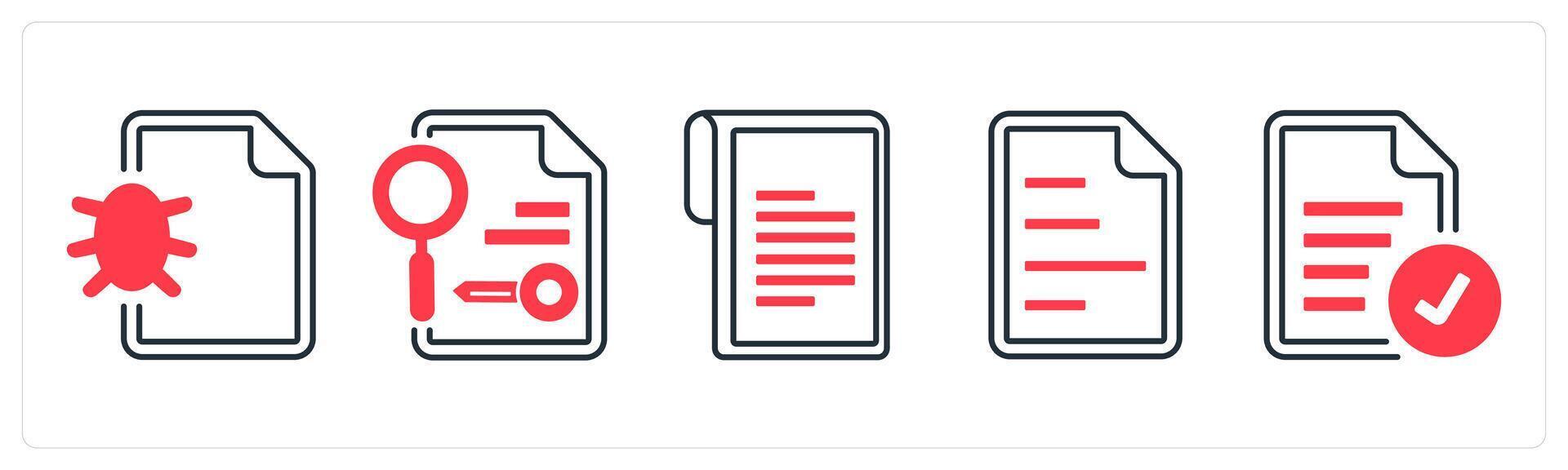 A set of 5 mix icons as virus, search keyword, document in red color vector