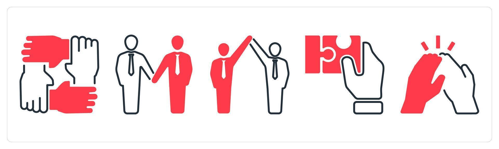 A set of 5 mix icons as partners, handshake, success in red color vector