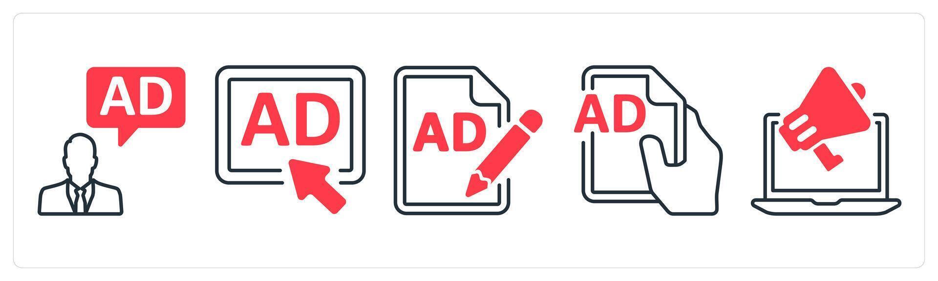 A set of 5 mix icons as ad manager, pay per click ad, compose content in red color vector