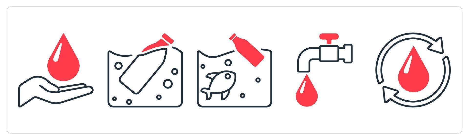 A set of 5 mix icons as save water, recycled bottle, save ocean in red color vector