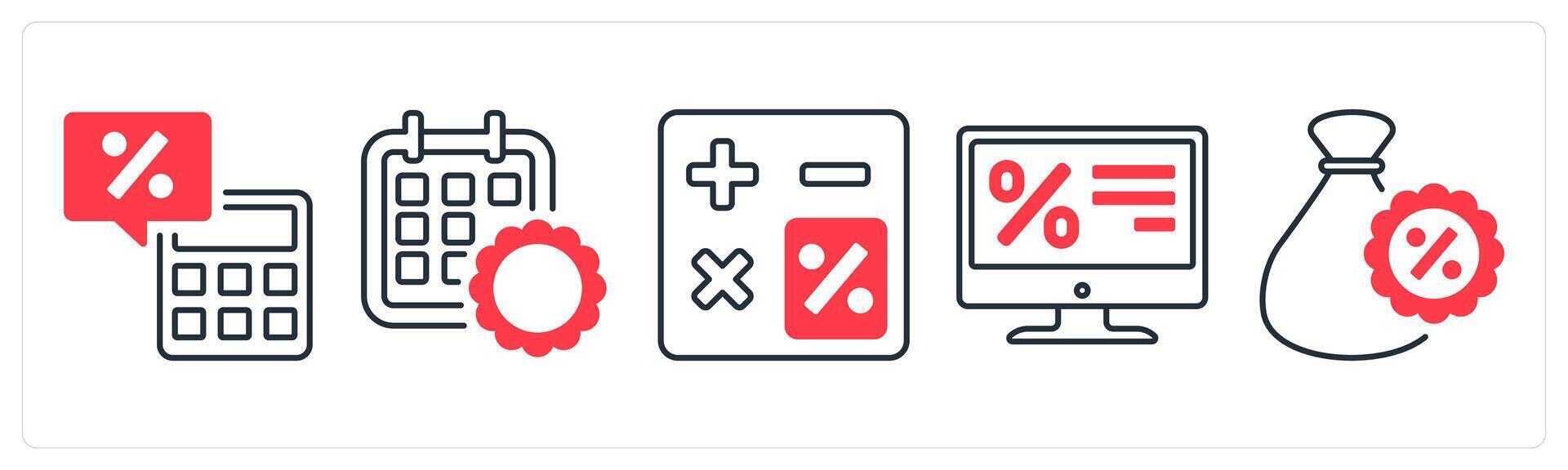 A set of 5 mix icons as calculator, calendar, loan application in red color vector