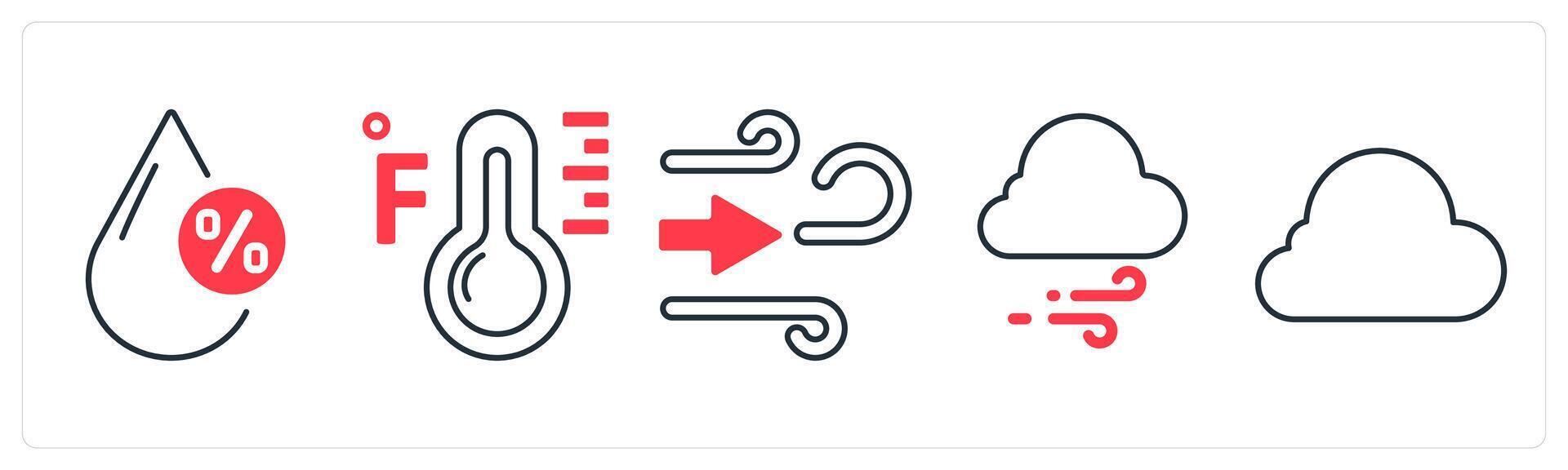 A set of 5 mix icons as humidity percentage, fahrenheit, wind in red color vector