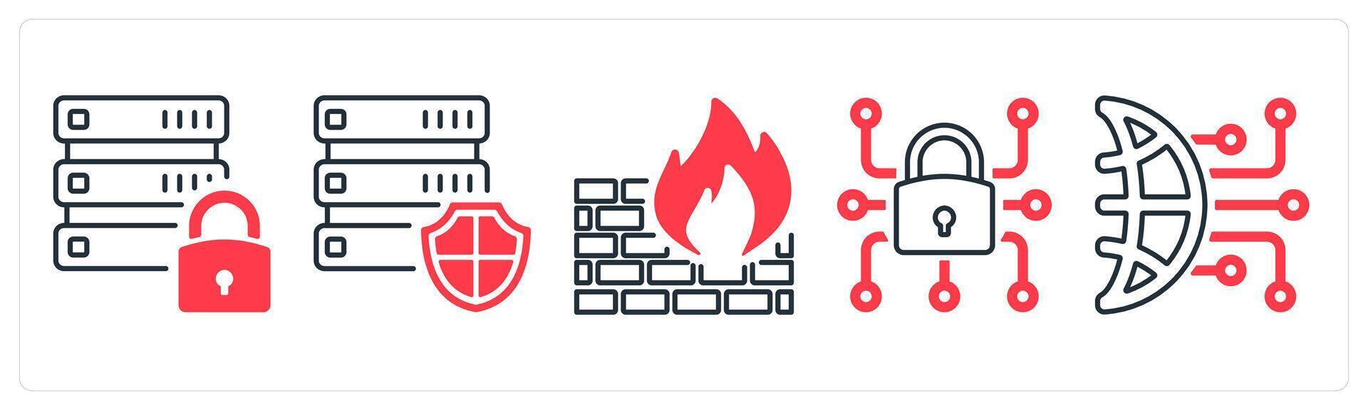 un conjunto de 5 5 mezcla íconos como base de datos seguridad, cortafuegos, datos bloquear en rojo color vector
