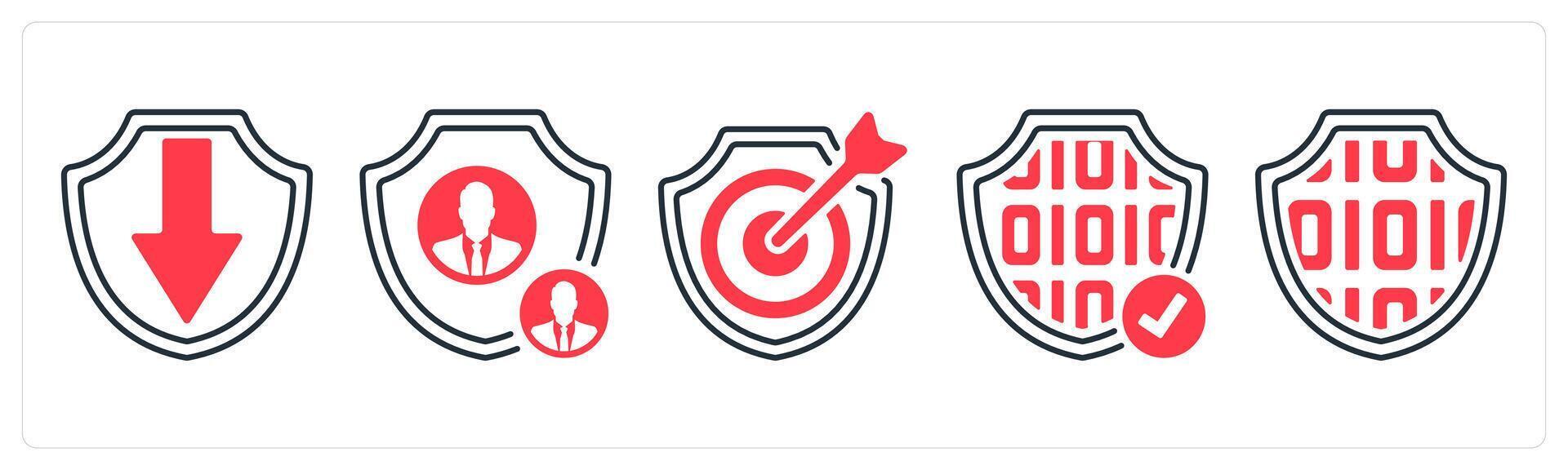 A set of 5 mix icons as downgrade protection, security administrator, target security in red color vector