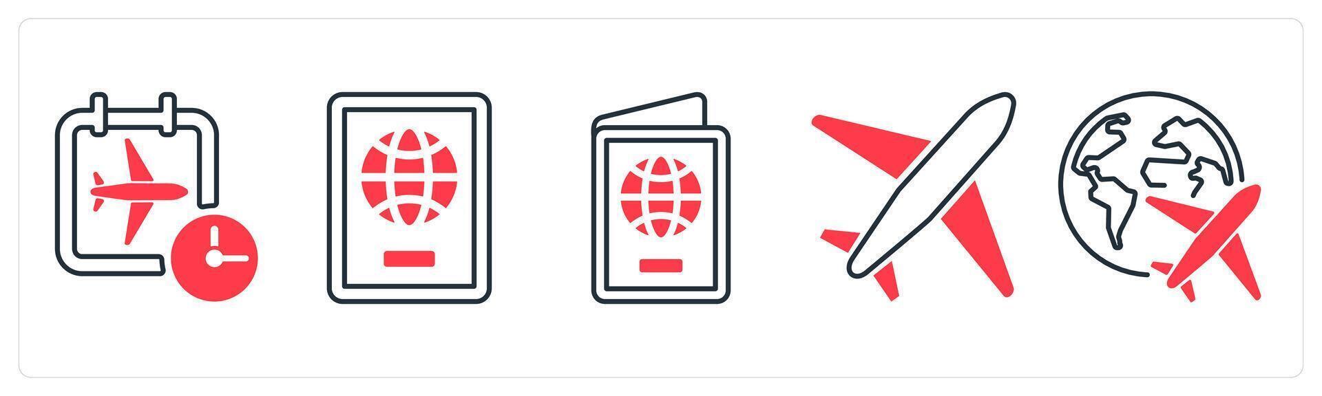 A set of 5 mix icons as travel time, passport, plane in red color vector
