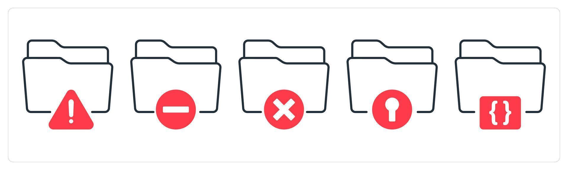 A set of 5 mix icons as warning, minus folder, remove folder in red color vector