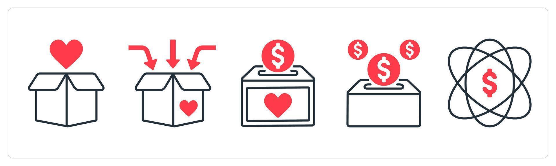 A set of 5 mix icons as charity box, donation, turnover in red color vector
