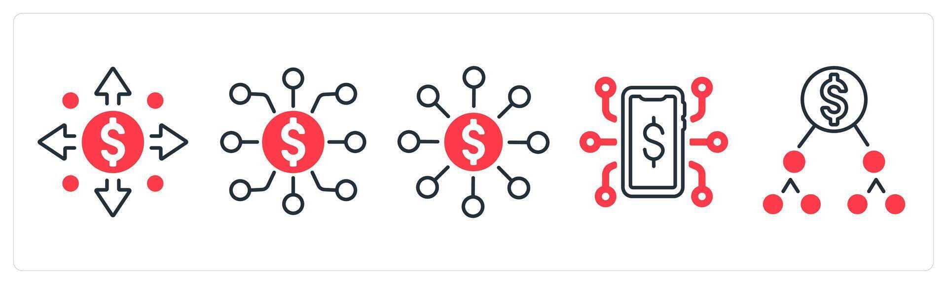 A set of 5 mix icons as money flow, finance network, fundraising network in red color vector