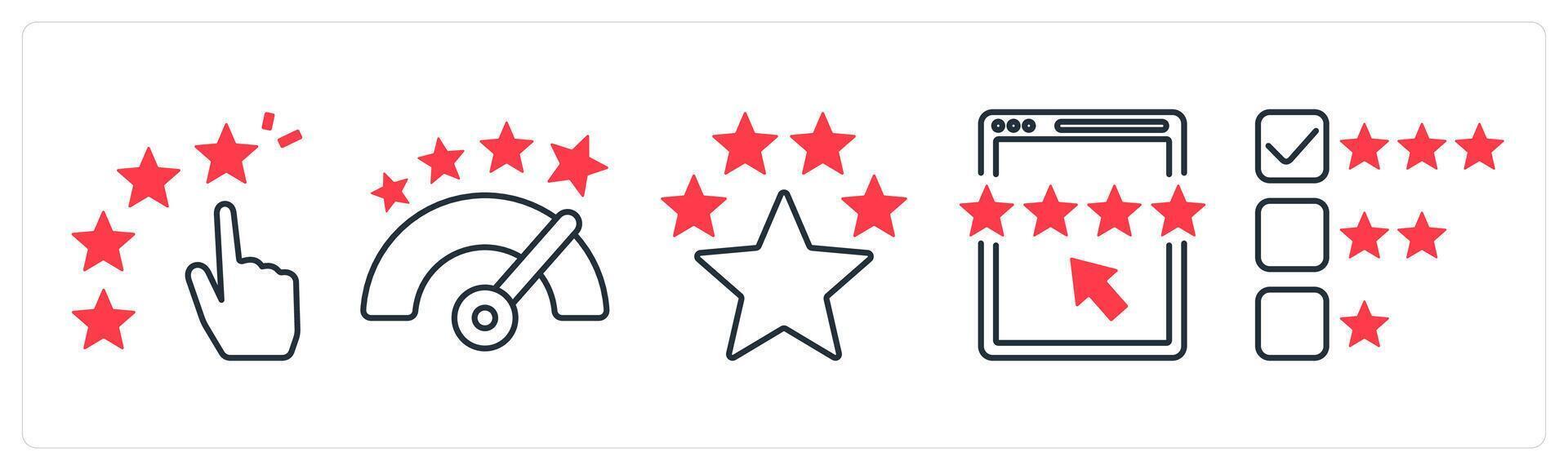 A set of 5 mix icons as star ratings, evaluation, premium rating in red color vector