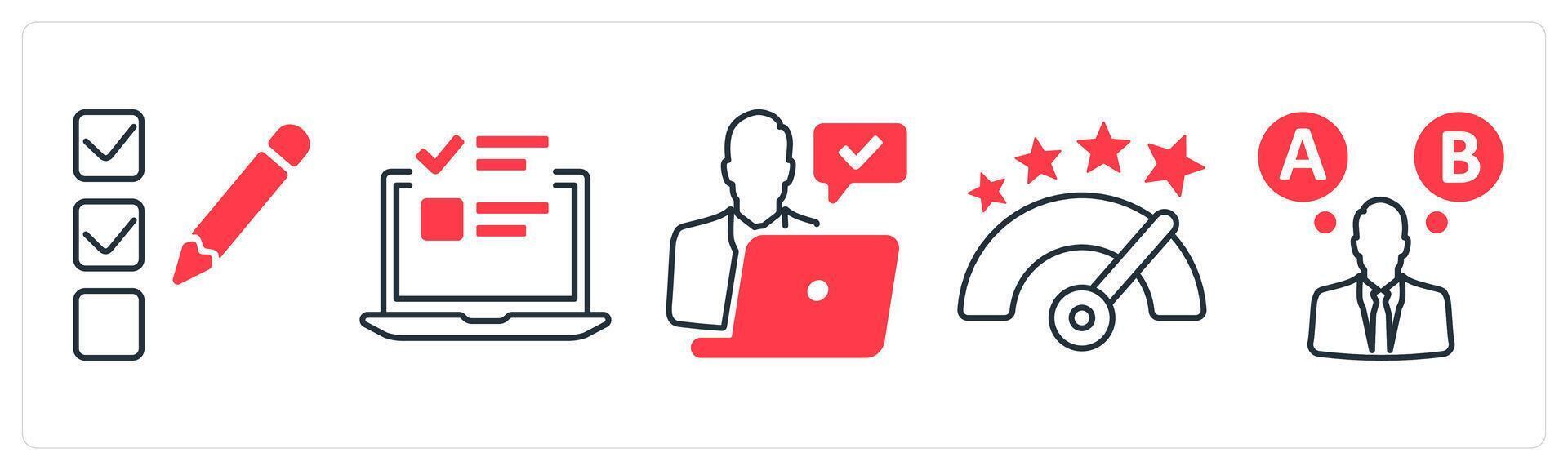 A set of 5 mix icons as checklist, online survey, review administrator in red color vector