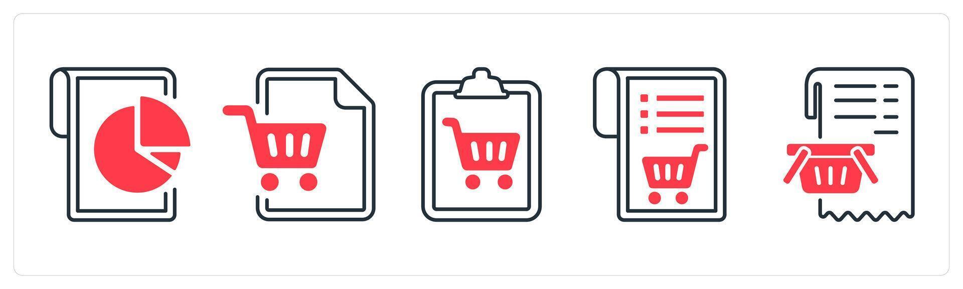 A set of 5 mix icons as data, invoice, shopping list in red color vector