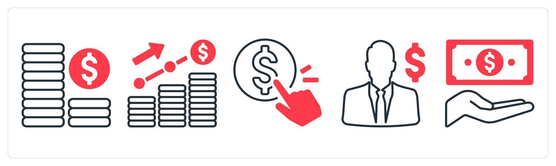 A set of 5 mix icons as investment, growth, pay per click in red color vector