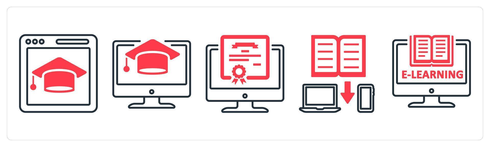 un conjunto de 5 5 mezcla íconos como aprendizaje electrónico, en línea diploma, datos compartir en rojo color vector