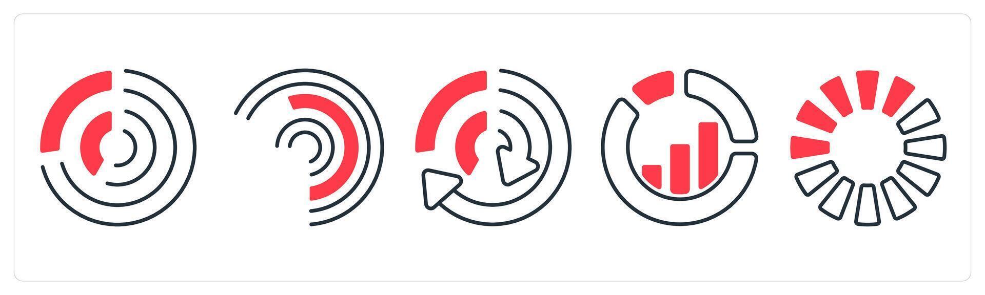 A set of 5 mix icons as pie chart, analysis, comparison in red color vector