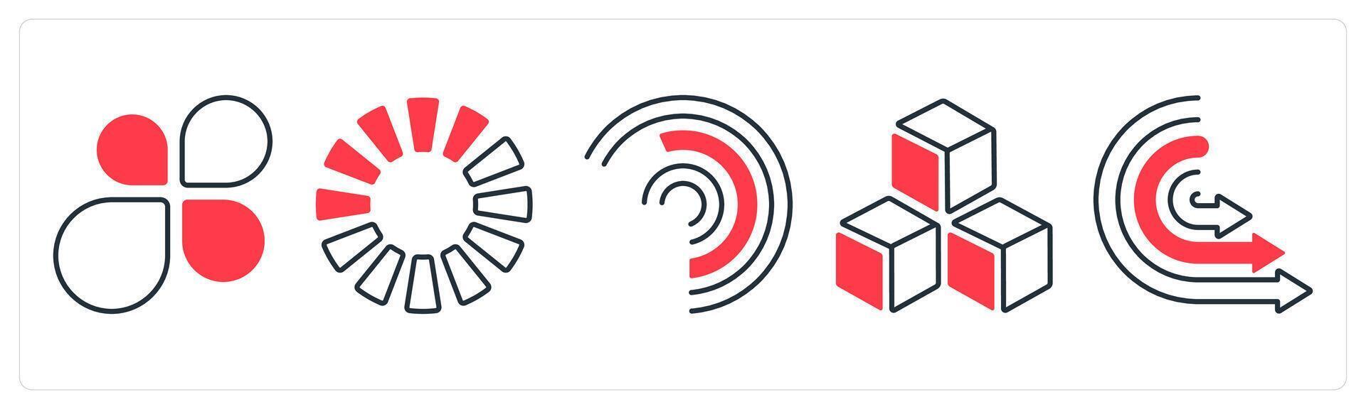 A set of 5 mix icons as flower chart, pie chart, analysis in red color vector