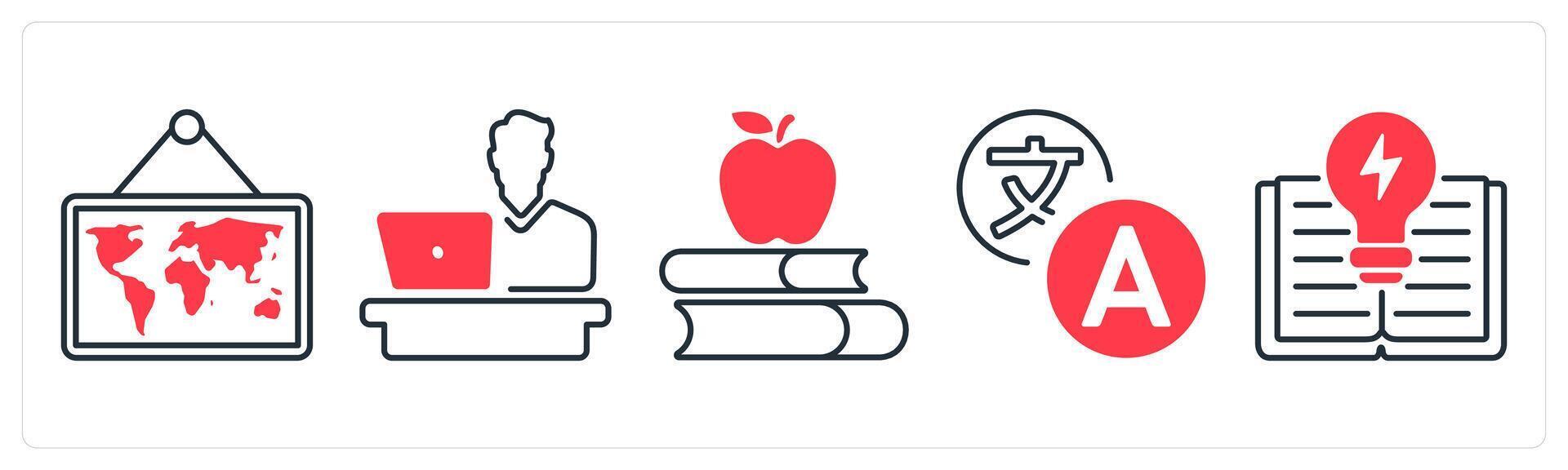 A set of 5 mix icons as map, desk, library in red color vector