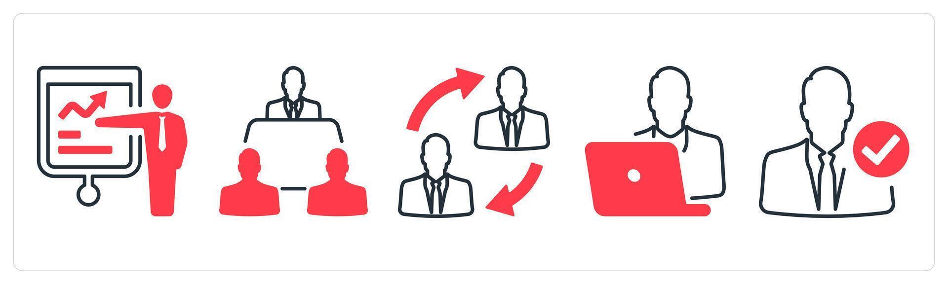 A set of 5 mix icons as presentation, meeting room, duties transfer in red color vector