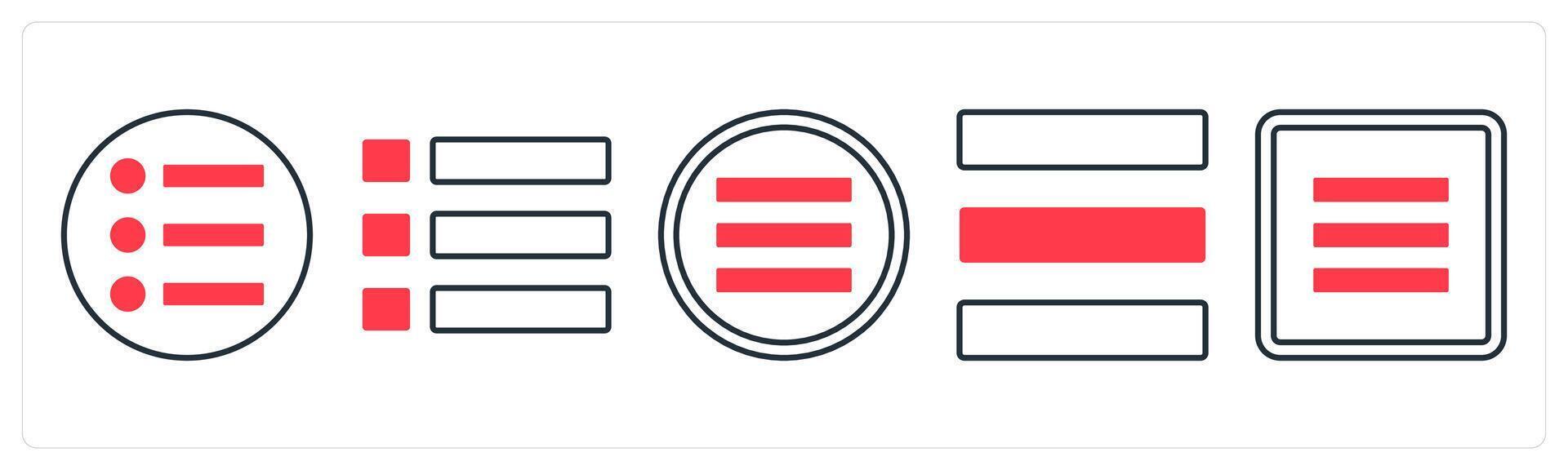 A set of 5 mix icons as bullet list, list, menu bar in red color vector