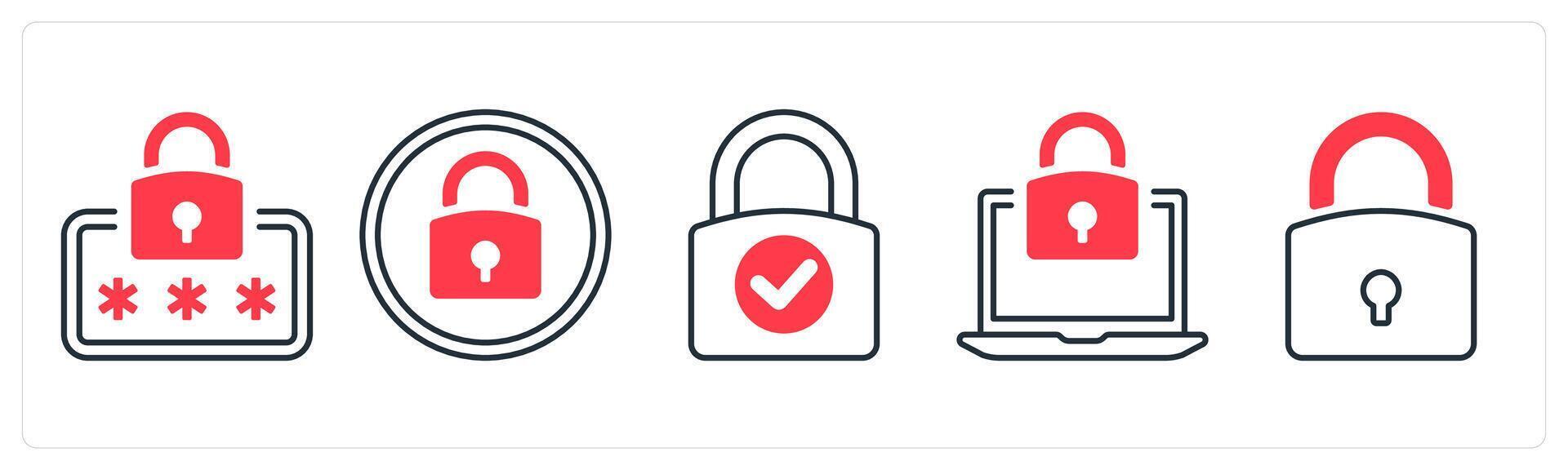 A set of 5 mix icons as security password, locked, lock in red color vector