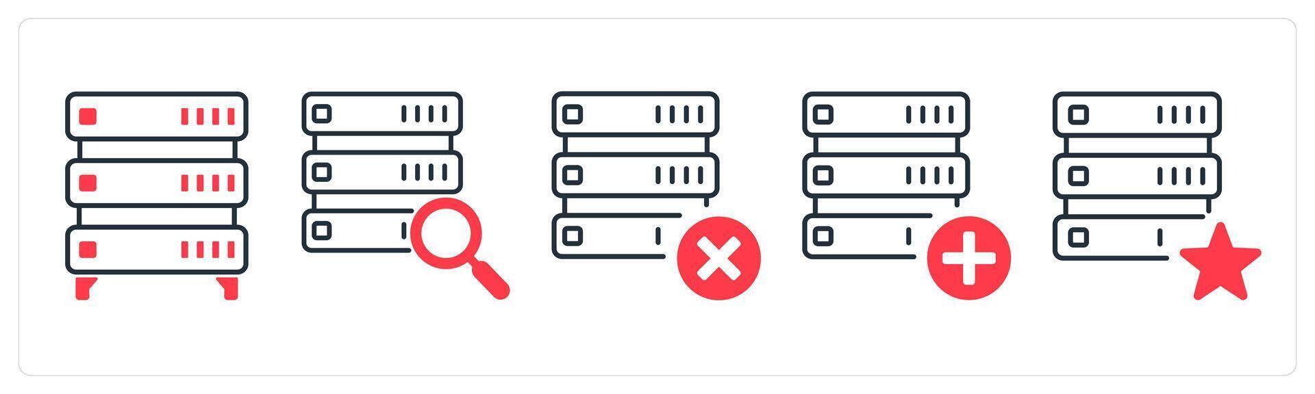 A set of 5 mix icons as server, search data, delete data in red color vector