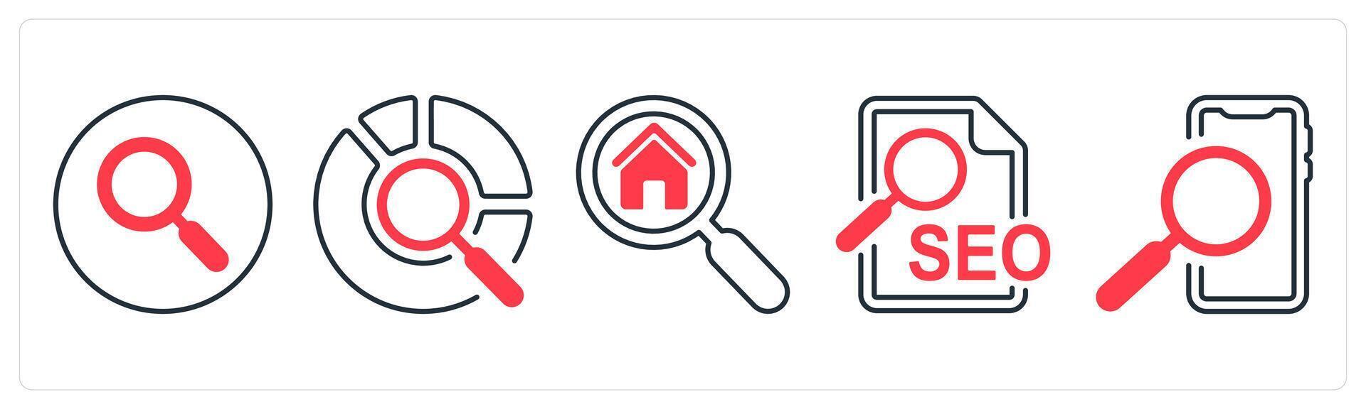 A set of 5 mix icons as search, data search, home search in red color vector