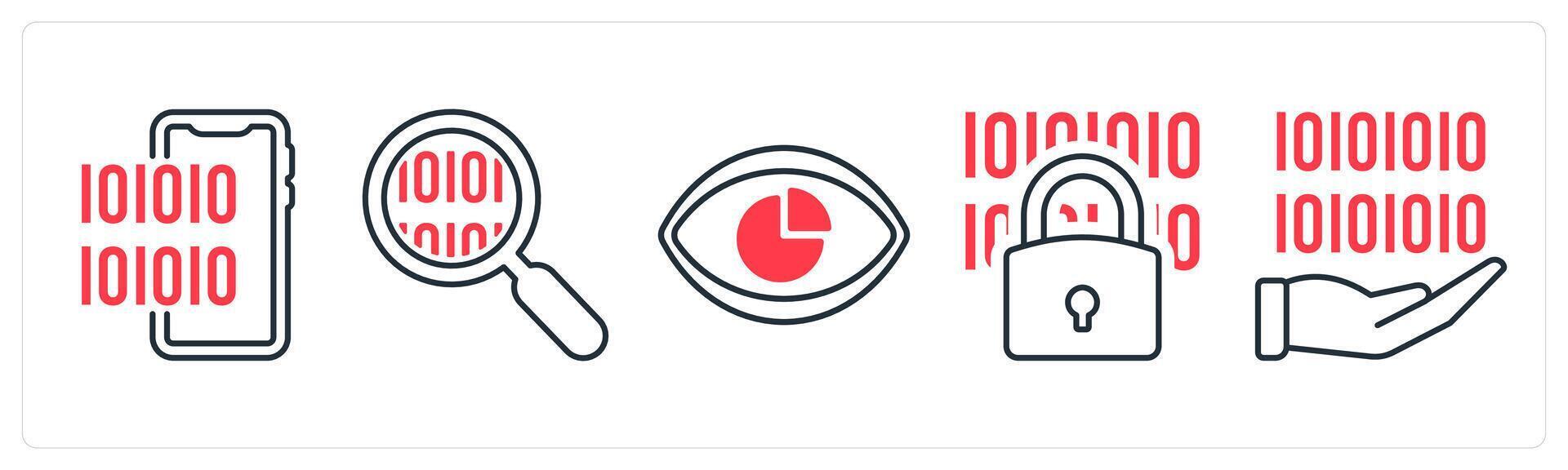 A set of 5 mix icons as programming, performance vision, code in red color vector