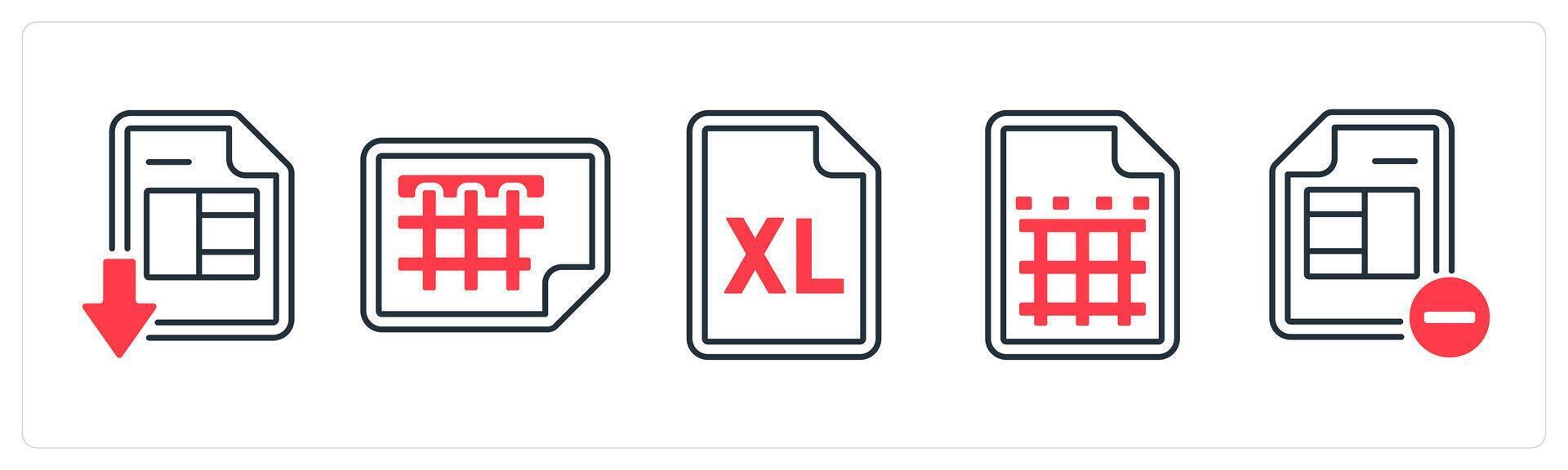 A set of 5 mix icons as download excel sheet, excel sheet, remove sheet in red color vector