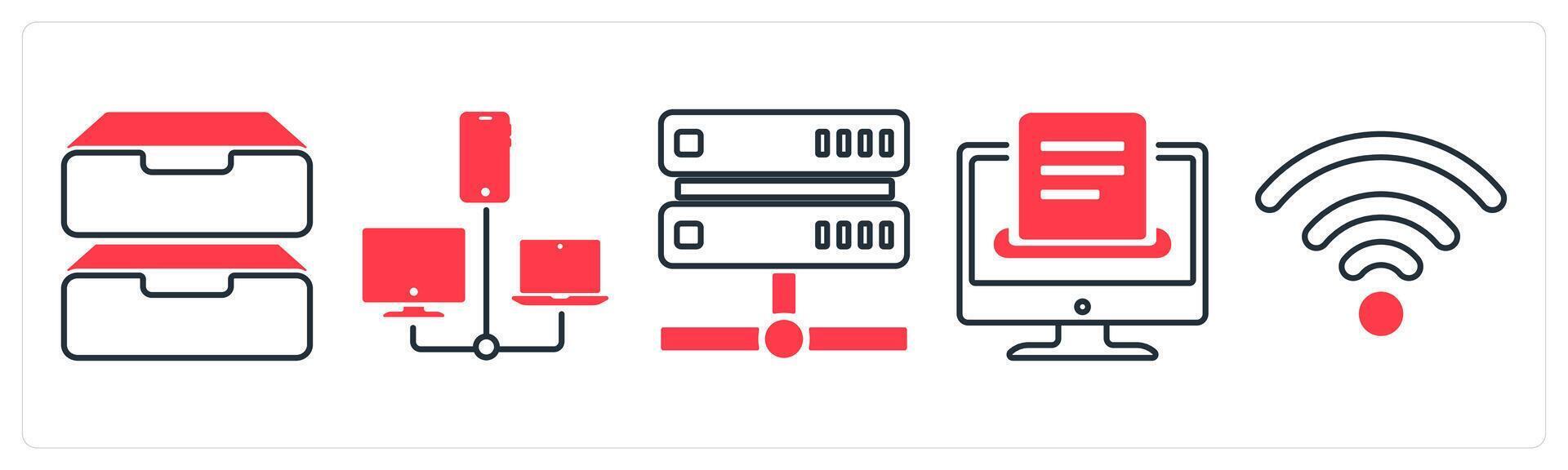 A set of 5 mix icons as drives, connection, drive in red color vector