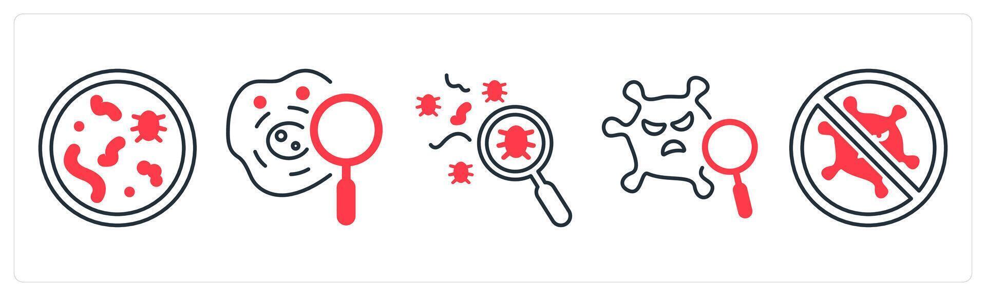 A set of 5 mix icons as bacteria, biochemistry, search infection in red color vector
